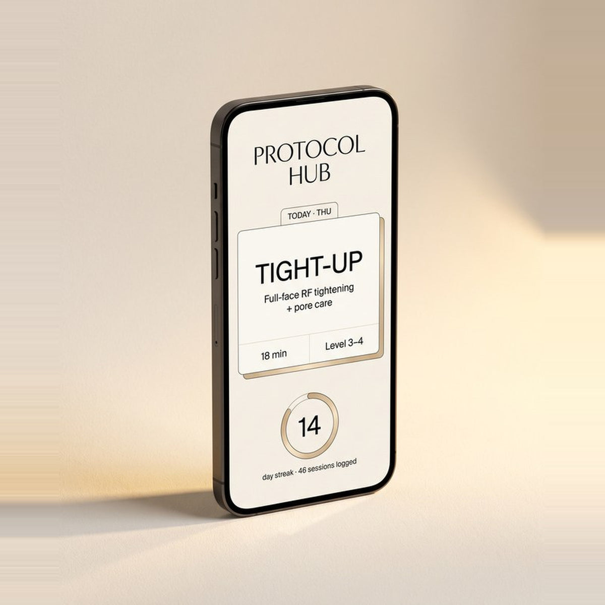 Protocol Hub app on a phone showing today's TIGHT-UP session, 18 minutes at Level 3-4, and a 14 day treatment streak