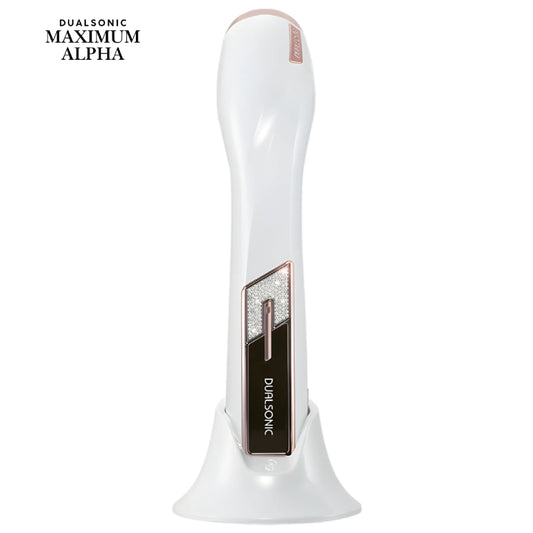 Dualsonic Maximum Alpha device on a charging stand for anti-aging , skin tightening and face lifting at home