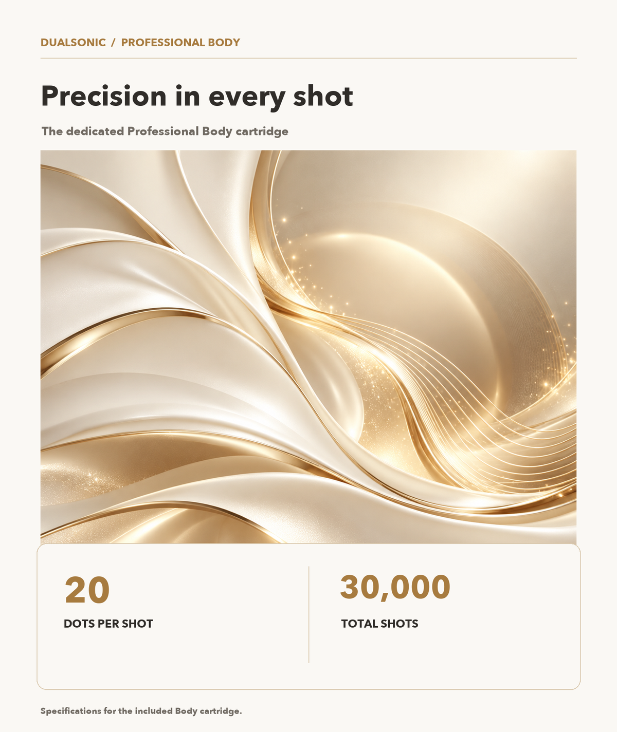Original illustrated infographic of Professional Body cartridge with 20 dots per shot and 30,000 total shots