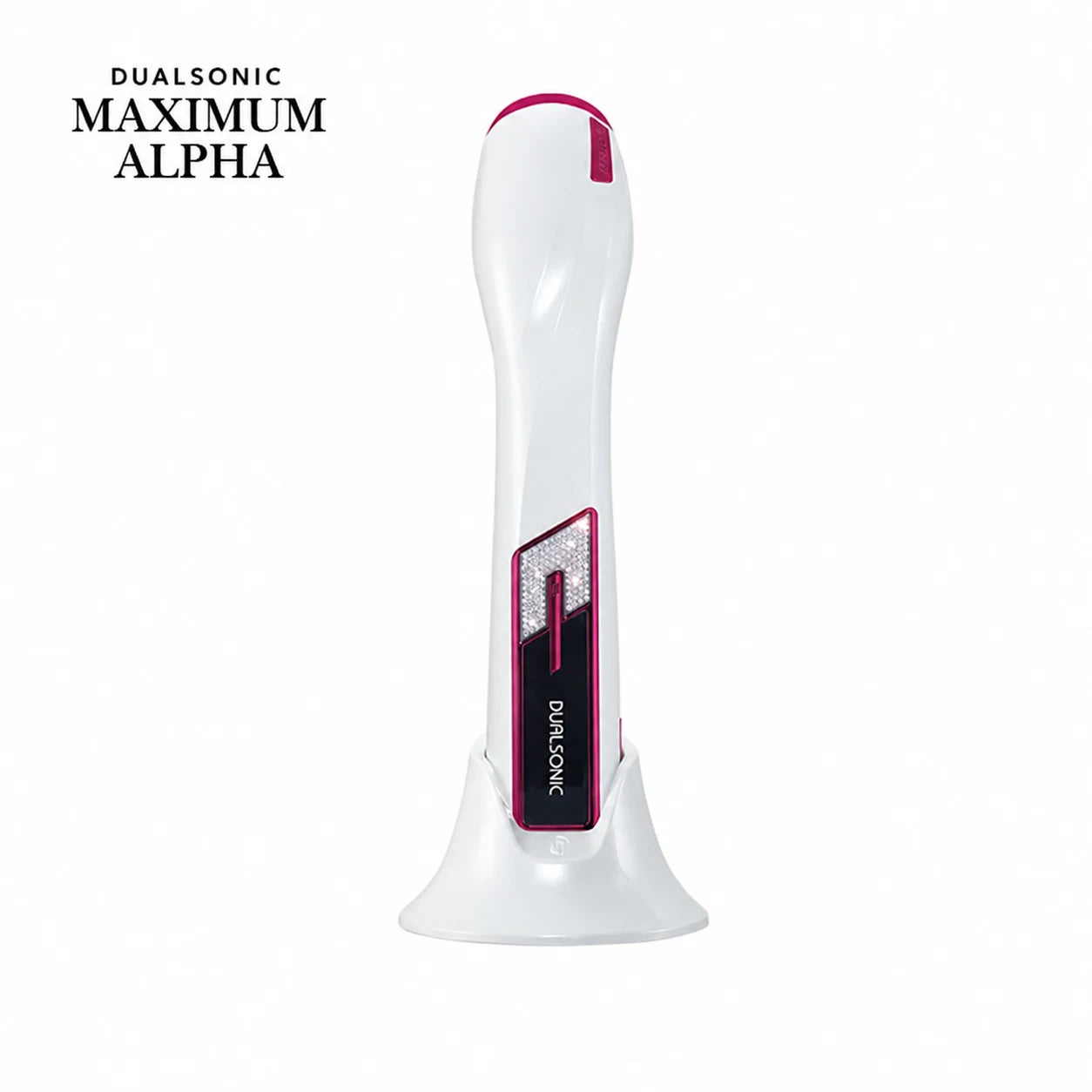 Dualsonic Maximum Alpha in Ruby on its charging stand, a 7-in-1 HIFU, RF and LED skin lifting device for at-home face treatments