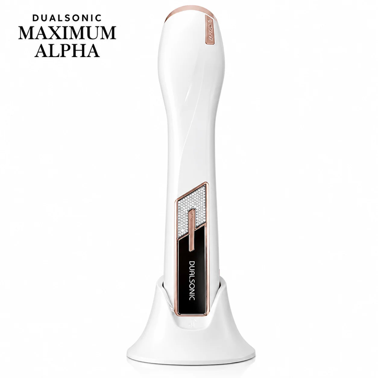 Dualsonic Maximum Alpha in White on its charging stand, a 7-in-1 HIFU, RF and LED skin lifting device for at-home face treatments