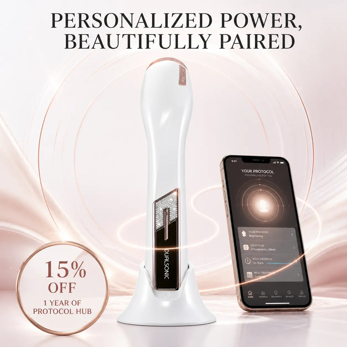 Dualsonic Maximum Alpha device beside the Protocol Hub app showing a personalised treatment plan, with 15% off one year of treatment guides
