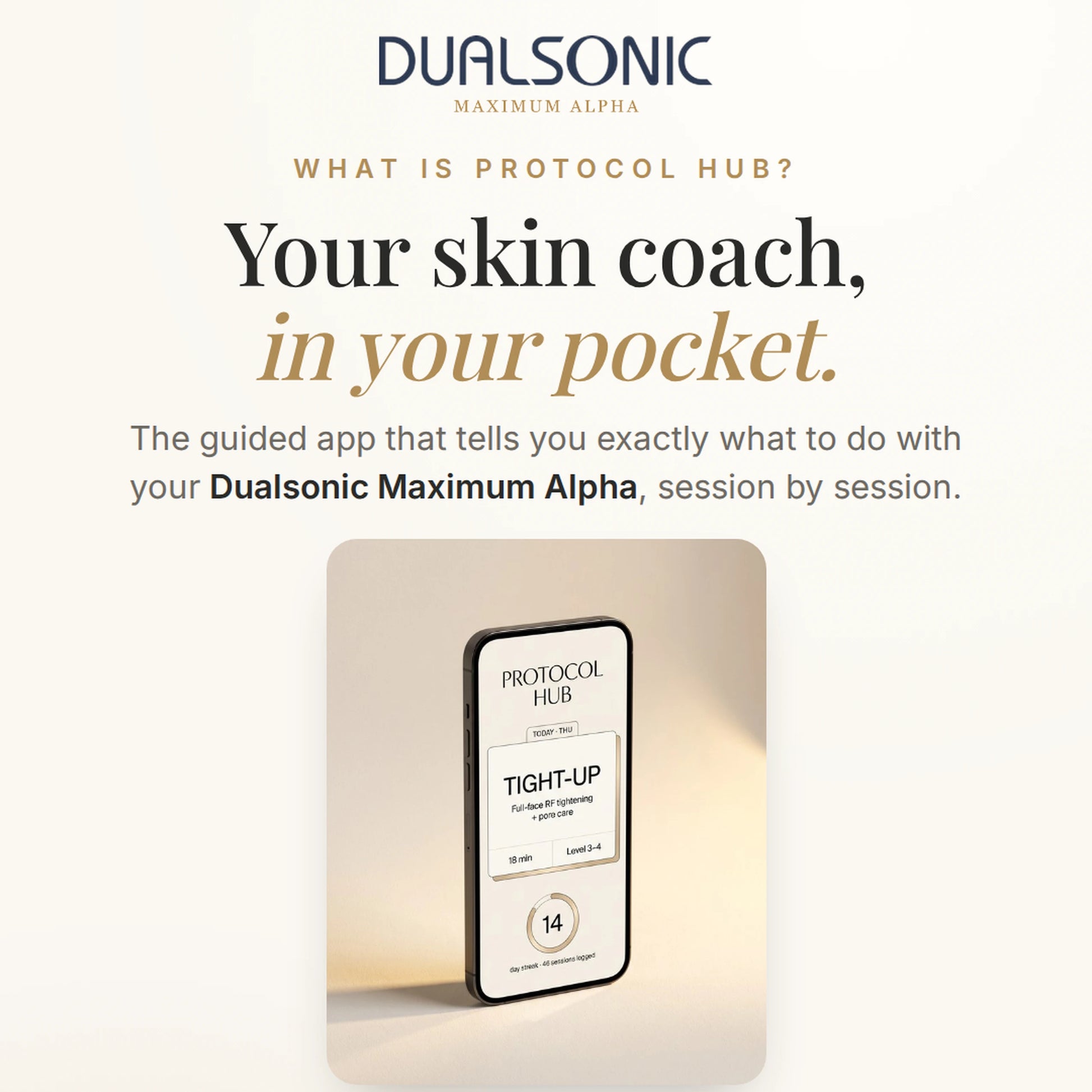 Protocol Hub product card: your skin coach in your pocket, the guided app for Dualsonic Maximum Alpha