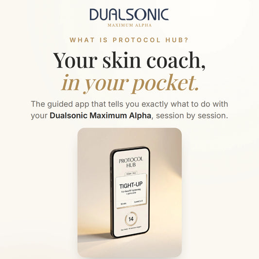 Protocol Hub product card: your skin coach in your pocket, the guided app for Dualsonic Maximum Alpha