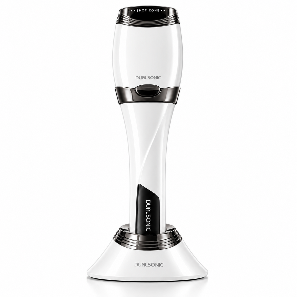 Dualsonic Optimum Ash HIFU device standing in its white charging cradle, front view on white