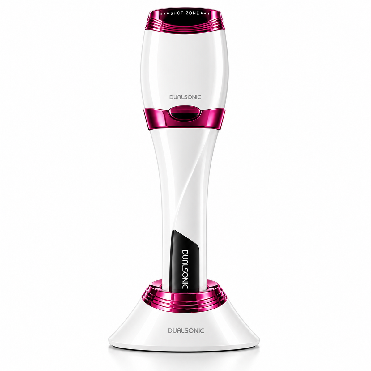 Dualsonic Optimum Ruby HIFU device standing in its white charging cradle, front view on white