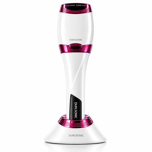 Dualsonic Optimum Ruby HIFU device standing in its white charging cradle, front view on white