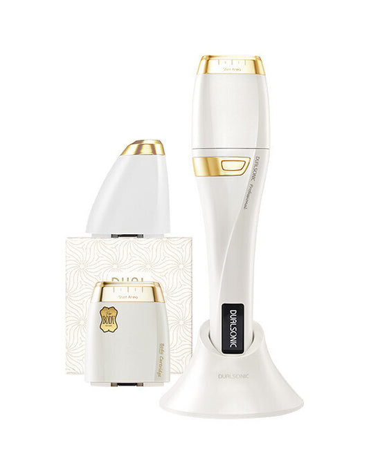 Dualsonic Professional Body Set with white and gold handheld HIFU device, charging dock and Body cartridge