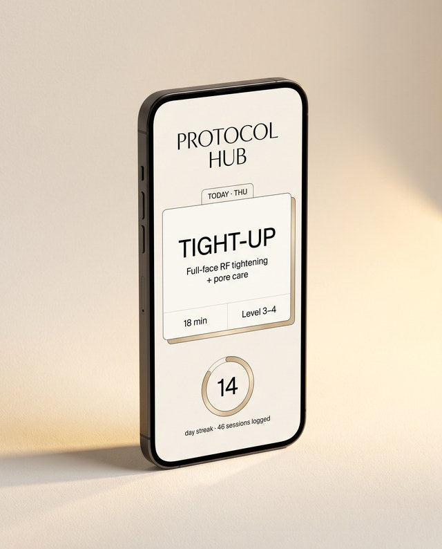 Protocol Hub dashboard on a phone showing today's TIGHT-UP session, 18 minutes at Level 3-4, and a 14 day streak