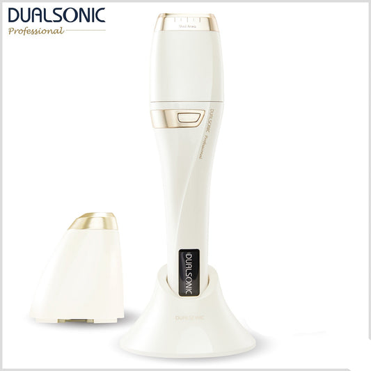 Dualsonic Professional Set skin care device that uses HIFU (High intense Focused Ultrasound, including a main body machine with interchangeable eye and face cartridges, displayed alongside a charging dock.